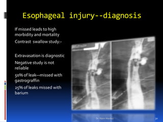Esophageal injury--diagnosisIf missed leads to high morbidity and mortalityContrast  swallow study:-Extravasation is diagnosticNegative study is not reliable50% of leak—missed with gastrograffin25% of leaks missed with bariumDr. Naim Manhas30