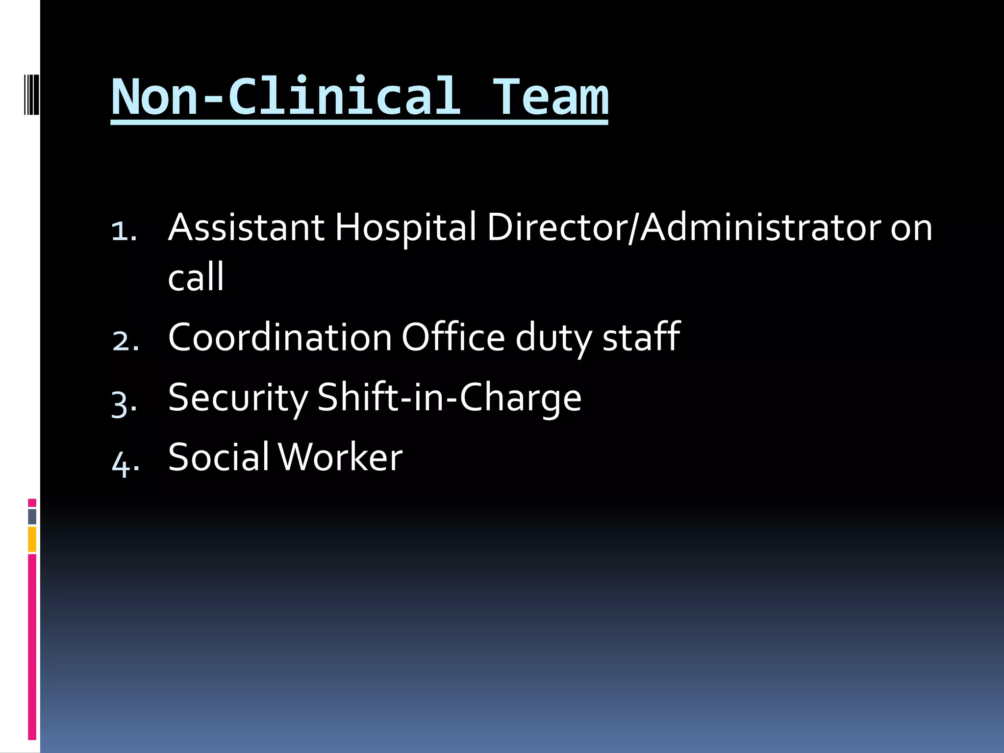 Non-Clinical Team
1. Assistant Hospital Director/Administrator on
call
2. Coordination Office duty staff
3. Security Shift-in-Charge
4. SocialWorker
 