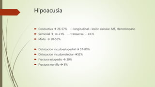 Hipoacusia
 Conductiva  26-57% -- longitudinal – lesión osicular, MT, Hemotimpano
 Sensorial  14-23% -- transversa -- OCV
 Mixta  20-55%
 Dislocacion incudoestapedial  57-80%
 Dislocacion incudomaleolar 51%
 Fractura estapedio  30%
 Fractura martillo  8%
 