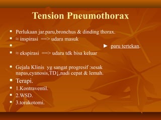 Tension Pneumothorax





Perlukaan jar.paru,bronchus & dinding thorax.
≈ inspirasi ==> udara masuk
► paru tertekan.
≈ ekspirasi ==> udara tdk bisa keluar



Gejala Klinis yg sangat progresif :sesak
napas,cyanosis,TD↓,nadi cepat & lemah.



Terapi.



1.Kontraventil.
2.WSD.
3.torakotomi.




 