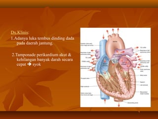 Dx.Klinis:
1.Adanya luka tembus dinding dada
pada daerah jantung.
2.Tamponade perikardium akut &
kehilangan banyak darah secara
cepat  syok

 