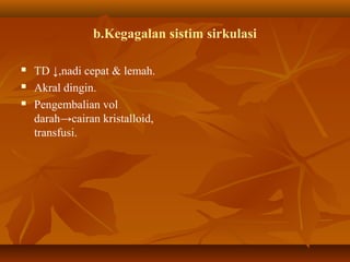 b.Kegagalan sistim sirkulasi




TD ↓,nadi cepat & lemah.
Akral dingin.
Pengembalian vol
darah→cairan kristalloid,
transfusi.

 