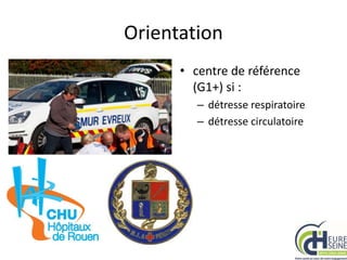 Orientation
• centre de référence
(G1+) si :
– détresse respiratoire
– détresse circulatoire
 
