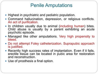 Penile Amputations
 Highest in psychiatric and pediatric population.
 Command hallucination, depression, or religious conflicts.
An act of purification.
 In children usually due to animal (including human) bites.
Child abuse is usually by a parent exhibiting an acute
psychotic episode.
 Managed like other amputations. Very high propensity to
bleed.
 Do not attempt Foley catheterization. Suprapubic approach
is justified.
 Recently high success rates of implantation. Even if it fails,
erectile tissue can be located in pubic area for restoration
and reconstruction.
 Use of prosthesis a final option.
 