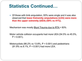 Statistics Continued…
 Of those with limb amputation, 93% were single and it was also
observed that lower Extremity amputations (LEA) were more
than the upper extremity (UEA) (59% vs 41%).
Mechanism was mostly Blunt Trauma due to RTA = 83%
Motor vehicle collision occupants had more UEA (54.5% vs 45.5%,
P < 0.001).
Motorcyclists (86.2% vs 13.8%, P < 0.001) and pedestrians
(91.9% vs 8.1%, P < 0.001) had more LEA.
 