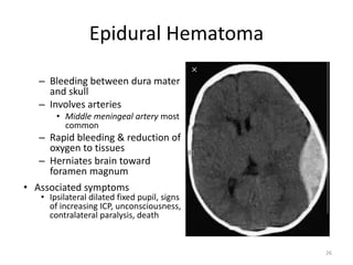 Epidural Hematoma
– Bleeding between dura mater
and skull
– Involves arteries
• Middle meningeal artery most
common
– Rapid bleeding & reduction of
oxygen to tissues
– Herniates brain toward
foramen magnum
• Associated symptoms
• Ipsilateral dilated fixed pupil, signs
of increasing ICP, unconsciousness,
contralateral paralysis, death
26
 