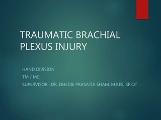 TRAUMATIC BRACHIAL
PLEXUS INJURY
HAND DIVISION
TM / MC
SUPERVISOR : DR. DHEDIE PRASATIA SHAM, M.KES, SP.OT
 