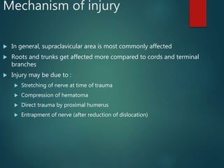 Mechanism of injury
 In general, supraclavicular area is most commonly affected
 Roots and trunks get affected more compared to cords and terminal
branches
 Injury may be due to :
 Stretching of nerve at time of trauma
 Compression of hematoma
 Direct trauma by proximal humerus
 Entrapment of nerve (after reduction of dislocation)
 
