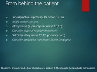 From behind the patient
4. Supraspinatus (suprascapular nerve C5,C6)
 Jobe’s empty can test
5. Infraspinatus (suprascapular nerve C5,C6)
 Shoulder external rotation movement
6. Deltoid (axillary nerve C5 C6 posterior cord)
 Shoulder abduction with elbow flexed 90 degree
Chapter 5: Shoulder and elbow clinical cases. Section 3: The clinicals. Postgraduate Orthopaedic
 