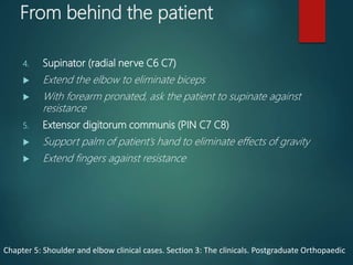 From behind the patient
4. Supinator (radial nerve C6 C7)
 Extend the elbow to eliminate biceps
 With forearm pronated, ask the patient to supinate against
resistance
5. Extensor digitorum communis (PIN C7 C8)
 Support palm of patient’s hand to eliminate effects of gravity
 Extend fingers against resistance
Chapter 5: Shoulder and elbow clinical cases. Section 3: The clinicals. Postgraduate Orthopaedic
 