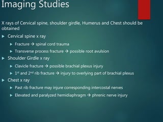 Imaging Studies
X rays of Cervical spine, shoulder girdle, Humerus and Chest should be
obtained
 Cervical spine x ray
 Fracture  spinal cord trauma
 Transverse process fracture  possible root avulsion
 Shoulder Girdle x ray
 Clavicle fracture  possible brachial plexus injury
 1st and 2nd rib fracture  injury to overlying part of brachial plexus
 Chest x ray
 Past rib fracture may injure corresponding intercostal nerves
 Elevated and paralyzed hemidiaphragm  phrenic nerve injury
 