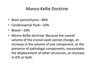 Monro-Kellie Doctrine
• Brain parenchyma—80%
• Cerebrospinal fluid—10%
• Blood—10%
• Monro-Kellie doctrine: Because the overall
volume of the cranial vault cannot change, an
increase in the volume of one component, or the
presence of pathologic components, necessitates
the displacement of other structures, an increase
in ICP, or both
 