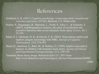 Goldstein, E. B. (2011). Cognitive psychology: Connecting mind, research and
everyday experience. (3rd ed.). Belmont, CA: Wadsworth.
Piolino, P., Desgranges, B., Manning, L., North, P., Jokie, C., & Eustache, F.
(2007). Autobiographical memory, the sense of recollection and
executive functions after severe traumatic brain injury. Cortex, 43, 1
76-195.
Reber, P. J., Gitelman, D. R., & Parrish, T. B. (2003). Dissociating explicit and
implicit category knowledge with fMRI. Journal of Cognitive
Neuroscience, 15:4, 574-583.
Shum, D., Jamieson, E., Bahr, M., & Wallace, G. (1999). Implicit and explicit
memory in children with traumatic brain injury. Journal of Clinical
and Experimental Neuropsychology, 21:2, 149-158.
Traumatic Brain Injury Image. Retrieved April 21st, 2013 from:
http://www.thebarrow.org/Neurological_Services/Neurotrauma/204508
(MB)
 