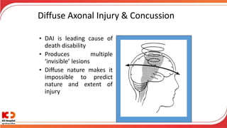 Diffuse Axonal Injury & Concussion
• DAI is leading cause of
death disability
• Produces multiple
‘invisible’ lesions
• Diffuse nature makes it
impossible to predict
nature and extent of
injury
 