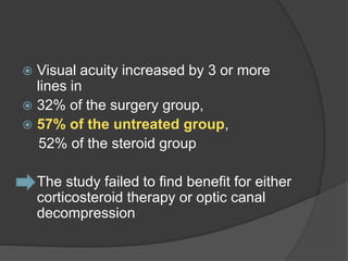  Visual acuity increased by 3 or more
lines in
 32% of the surgery group,
 57% of the untreated group,
52% of the steroid group
 The study failed to find benefit for either
corticosteroid therapy or optic canal
decompression
 