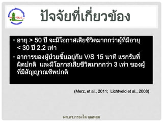 ปัจจัยที่เกี่ยวข้อง
• อายุ > 50 ปี จะมีโอกาสเสียชีวตมากกว่าผู้ที่มีอายุ
ิ
< 30 ปี 2.2 เท่า
• อาการของผูปวยขึนอยูกบ V/S 15 นาที แรกรับที่
้ ่
้
่ ั
ผิดปกติ และมีโอกาสเสียชีวตมากกว่า 3 เท่า ของผู้
ิ
ที่มีสัญญาณชีพปกติ
(Merz, et al., 2011; Lichtveld et al., 2008)

ผศ.ดร.กรองได อุณหสูต

 