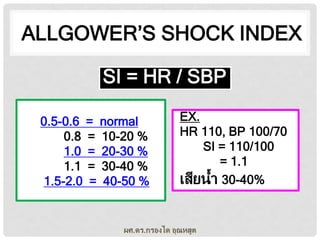 ALLGOWER’S SHOCK INDEX
SI = HR / SBP
0.5-0.6 = normal
0.8 = 10-20 %
1.0 = 20-30 %
1.1 = 30-40 %
1.5-2.0 = 40-50 %

EX.
HR 110, BP 100/70
SI = 110/100
= 1.1
เสียน้า 30-40%

ผศ.ดร.กรองได อุณหสูต

 