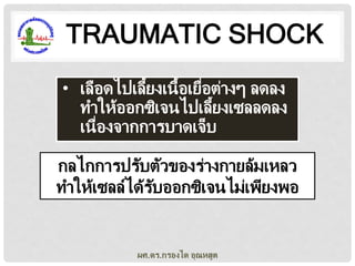 TRAUMATIC SHOCK
• เลือดไปเลี้ยงเนื้อเยือต่างๆ ลดลง
่
ทาให้ออกซิเจนไปเลี้ยงเซลลดลง
เนื่องจากการบาดเจ็บ
กลไกการปรับตัวของร่างกายล้มเหลว
ทาให้เซลล์ได้รบออกซิเจนไม่เพียงพอ
ั

ผศ.ดร.กรองได อุณหสูต

 