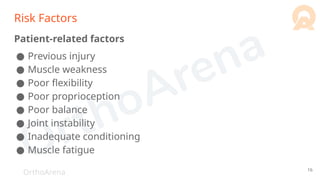 OrthoArena
Risk Factors
Patient-related factors
● Previous injury
● Muscle weakness
● Poor flexibility
● Poor proprioception
● Poor balance
● Joint instability
● Inadequate conditioning
● Muscle fatigue
16
 