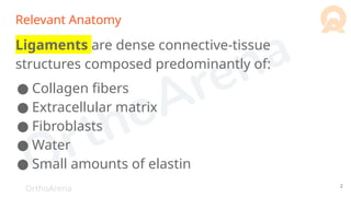 OrthoArena
Relevant Anatomy
Ligaments are dense connective-tissue
structures composed predominantly of:
● Collagen fibers
● Extracellular matrix
● Fibroblasts
● Water
● Small amounts of elastin
2
 