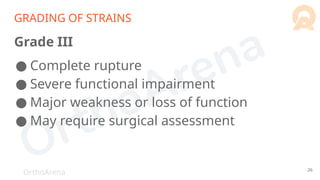 OrthoArena
GRADING OF STRAINS
Grade III
● Complete rupture
● Severe functional impairment
● Major weakness or loss of function
● May require surgical assessment
26
 