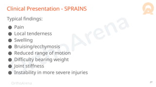 OrthoArena
Clinical Presentation - SPRAINS
Typical findings:
● Pain
● Local tenderness
● Swelling
● Bruising/ecchymosis
● Reduced range of motion
● Difficulty bearing weight
● Joint stiffness
● Instability in more severe injuries
27
 