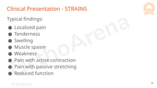 OrthoArena
Clinical Presentation - STRAINS
Typical findings:
● Localized pain
● Tenderness
● Swelling
● Muscle spasm
● Weakness
● Pain with active contraction
● Pain with passive stretching
● Reduced function
28
 