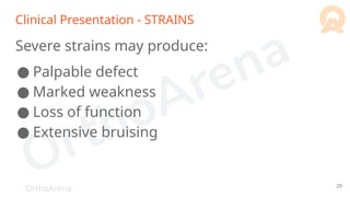 OrthoArena
Clinical Presentation - STRAINS
Severe strains may produce:
● Palpable defect
● Marked weakness
● Loss of function
● Extensive bruising
29
 