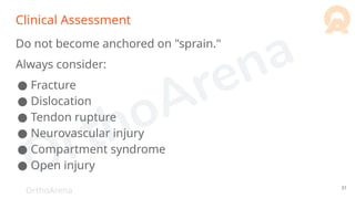 OrthoArena
Clinical Assessment
Do not become anchored on "sprain."
Always consider:
● Fracture
● Dislocation
● Tendon rupture
● Neurovascular injury
● Compartment syndrome
● Open injury
31
 