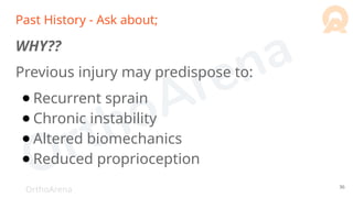 OrthoArena
Past History - Ask about;
WHY??
Previous injury may predispose to:
● Recurrent sprain
● Chronic instability
● Altered biomechanics
● Reduced proprioception
36
 