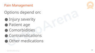 OrthoArena
Pain Management
Options depend on:
● Injury severity
● Patient age
● Comorbidities
● Contraindications
● Other medications
59
 