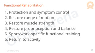OrthoArena
Functional Rehabilitation
1. Protection and symptom control
2. Restore range of motion
3. Restore muscle strength
4. Restore proprioception and balance
5. Sport/work-specific functional training
6. Return to activity
61
 