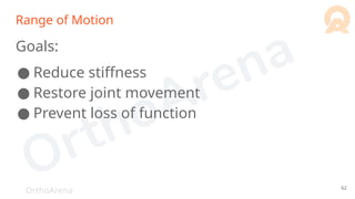 OrthoArena
Range of Motion
Goals:
● Reduce stiffness
● Restore joint movement
● Prevent loss of function
62
 