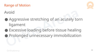 OrthoArena
Range of Motion
Avoid
● Aggressive stretching of an acutely torn
ligament
● Excessive loading before tissue healing
● Prolonged unnecessary immobilization
64
 