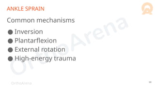 OrthoArena
ANKLE SPRAIN
Common mechanisms
● Inversion
● Plantarflexion
● External rotation
● High-energy trauma
68
 