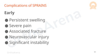 OrthoArena
Complications of SPRAINS
Early
● Persistent swelling
● Severe pain
● Associated fracture
● Neurovascular injury
● Significant instability
83
 