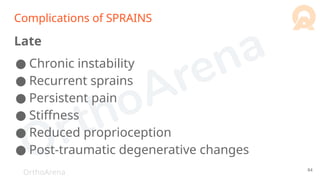 OrthoArena
Complications of SPRAINS
Late
● Chronic instability
● Recurrent sprains
● Persistent pain
● Stiffness
● Reduced proprioception
● Post-traumatic degenerative changes
84
 