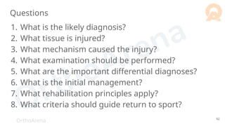 OrthoArena
Questions
1. What is the likely diagnosis?
2. What tissue is injured?
3. What mechanism caused the injury?
4. What examination should be performed?
5. What are the important differential diagnoses?
6. What is the initial management?
7. What rehabilitation principles apply?
8. What criteria should guide return to sport?
92
 