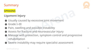 OrthoArena
Summary
SPRAINS
Ligament injury
● Usually caused by excessive joint movement
● Grade I–III
● Pain, swelling and possible instability
● Assess for fracture and neurovascular injury
● Manage with protection, symptom control and progressive
rehabilitation
● Severe instability may require specialist assessment
93
 
