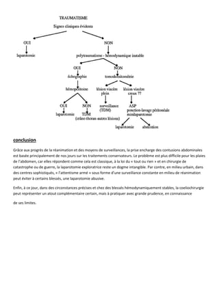 conclusion
Grâce aux progrès de la réanimation et des moyens de surveillances, la prise encharge des contusions abdominales
est basée principalement de nos jours sur les traitements conservateurs. Le problème est plus difficile pour les plaies
de l’abdomen, car elles répondent comme cela est classique, à la loi du « tout ou rien » et en chirurgie de
catastrophe ou de guerre, la laparotomie exploratrice reste un dogme intangible. Par contre, en milieu urbain, dans
des centres sophistiqués, « l’attentisme armé » sous forme d’une surveillance constante en milieu de réanimation
peut éviter à certains blessés, une laparotomie abusive.
Enfin, à ce jour, dans des circonstances précises et chez des blessés hémodynamiquement stables, la coeliochirurgie
peut représenter un atout complémentaire certain, mais à pratiquer avec grande prudence, en connaissance
de ses limites.
 