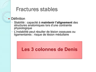 Fractures stables
 Définition
◦ Stabilité : capacité à maintenir l’alignement des
structures anatomiques lors d’une contrainte
physiologique
◦ L’instabilité peut résulter de lésion osseuses ou
ligamentaires : risque de lésion médullaire
Les 3 colonnes de Denis
 
