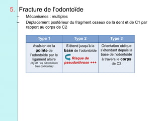 Type 1 Type 2 Type 3
Avulsion de la
pointe de
l’odontoïde par le
ligament alaire
(dg dif : os odontoidum
bien corticalisé)
S’étend jusqu’à la
base de l’odontoïde
Risque de
pseudarthrose +++
Orientation oblique
s’étendant depuis la
base de l’odontoïde
à travers le corps
de C2
5. Fracture de l’odontoïde
– Mécanismes : multiples
– Déplacement postérieur du fragment osseux de la dent et de C1 par
rapport au corps de C2
 