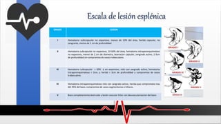 Escala de lesión esplénica
GRADO LESION
I Hematoma subccapsular no expansivo, menos de 10% del área, herida capsular, no
sangrante, menos de 1 cm de profundidad
II Hematoma subcapsular no expansivo, 10-50% del área, hematoma intraparenquimatoso
no expansivo, menor de 2 cm de diametro, laceracion capsular, sangrado activo, 1-3cm
de profundidad sin compromiso de vasos trabeculares.
III Hematoma subcapsular > 50% o en expansion, roto con sangrado activo, hematoma
intraparenquimatoso > 2cm, y herida > 3cm de profundidad y compromiso de vasos
trabecualres
IV Hematoma intraparenquimatoso roto con sangrado activo, herida que comprometa mas
del 25% del bazo, compromiso de vasos segmentarios o hiliares.
V Bazo completamente destruido y lesión vascular hiliar con desvascularizacion del bazo
 