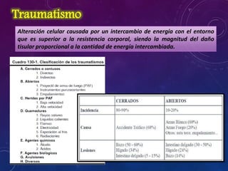 Traumatismo
Alteración celular causada por un intercambio de energía con el entorno
que es superior a la resistencia corporal, siendo la magnitud del daño
tisular proporcional a la cantidad de energía intercambiada.
 