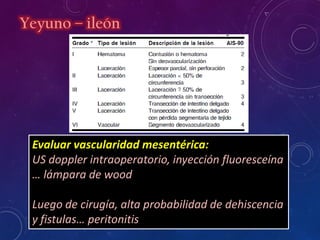 Yeyuno – ileón
Evaluar vascularidad mesentérica:
US doppler intraoperatorio, inyección fluoresceína
… lámpara de wood
Luego de cirugía, alta probabilidad de dehiscencia
y fistulas… peritonitis
 