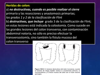 Heridas de colon:
a) no destructivas, cuando es posible realizar el cierre
primario y las resecciones y anastomosis primarias;
los grados 1 y 2 de la clasificación de Flint
b) destructivas, que incluye grado 3 de la clasificación de Flint;
en estas lesiones está indicada la colostomía. Como sucede en
las grandes lesiones del colon transverso, con contaminación
abdominal notoria, no sólo es preciso efectuar la
transversostomía, sino también la fístula mucosa del
colon transverso
 