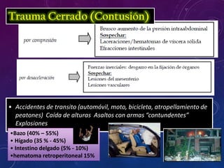 Trauma Cerrado (Contusión)
• Accidentes de transito (automóvil, moto, bicicleta, atropellamiento de
peatones) Caída de alturas Asaltos con armas “contundentes”
Explosiones
•Bazo (40% – 55%)
• Hígado (35 % - 45%)
• Intestino delgado (5% - 10%)
•hematoma retroperitoneal 15%
 