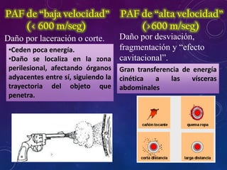 PAF de “baja velocidad”
(< 600 m/seg)
PAF de “alta velocidad”
(>600 m/seg)
Daño por laceración o corte. Daño por desviación,
fragmentación y “efecto
cavitacional”.
•Ceden poca energía.
•Daño se localiza en la zona
perilesional, afectando órganos
adyacentes entre sí, siguiendo la
trayectoria del objeto que
penetra.
Gran transferencia de energía
cinética a las vísceras
abdominales
 