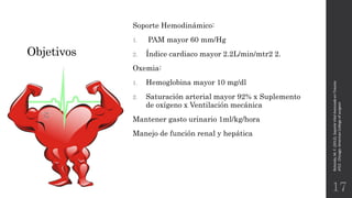 Objetivos
Soporte Hemodinámico:
1. PAM mayor 60 mm/Hg
2. Índice cardiaco mayor 2.2L/min/mtr2 2.
Oxemia:
1. Hemoglobina mayor 10 mg/dl
2. Saturación arterial mayor 92% x Suplemento
de oxígeno x Ventilación mecánica
Mantener gasto urinario 1ml/kg/hora
Manejo de función renal y hepática
Rotondo,M.F.(2012).SoporteVitalAvanzadoenTrauma
ATLS.Chicago:AmericanCollegeofsurgeon.
17
 