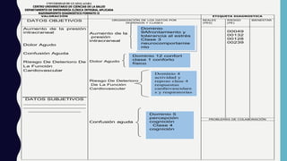 UNIVERSIDAD DE GUADALAJARA
CENTRO UNIVERSITARIO DE CIENCIAS DE LA SALUD
DEPARTAMENTO DE ENFERMERÍA CLÍNICA INTEGRAL APLICADA
RAZONAMIENTO DIAGNOSTICO FORMATO II
VALORACIÓN ETIQUETA DIAGNOSTICA
DATOS OBJETIVOS ORGANIZACIÓN DE LOS DATOS POR
DOMINIOS Y CLASES
Aumento de la
presión
intracraneal
Dolor Agudo
Riesgo De Deterioro
De La Función
Cardiovascular
Confusión aguda
REALES
(PES)
RIESGO
(PE)
BIENESTAR
Aumento de la presión
intracraneal
Dolor Agudo
Confusión Aguda
Riesgo De Deterioro De
La Función
Cardiovascular
DATOS SUBJETIVOS
___________________
___________________
________________
00049
00132
00128
00239
PROBLEMAS DE COLABORACIÓN
Dominio 4
actividad y
reposo clase 4
respuestas
cardiovasculare
s y respiratorias
Dominio 5
percepción
cognición
Clase 4
cognición
Dominio 12 confort
clase 1 conforto
físico
Dominio
9Afrontamiento y
tolerancia al estrés
Clase 3
neurocomportamie
nto
 
